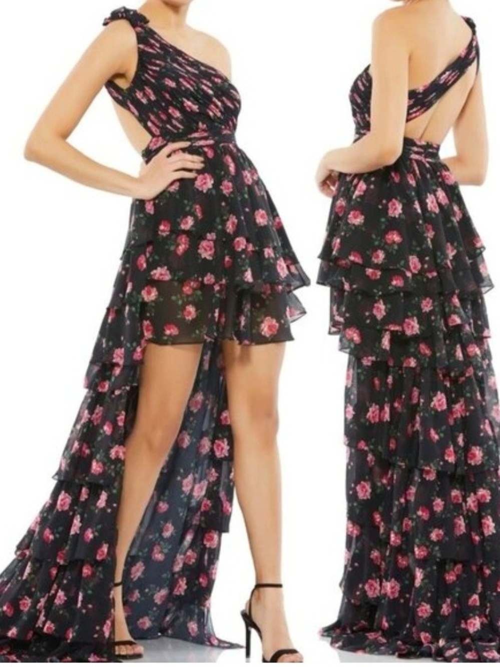 Mac Duggal Black One-Shoulder High-Low Floral Ruffle Dress